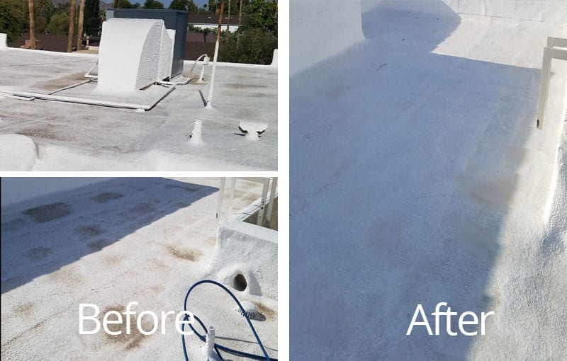 White foam roof cleaning before and after